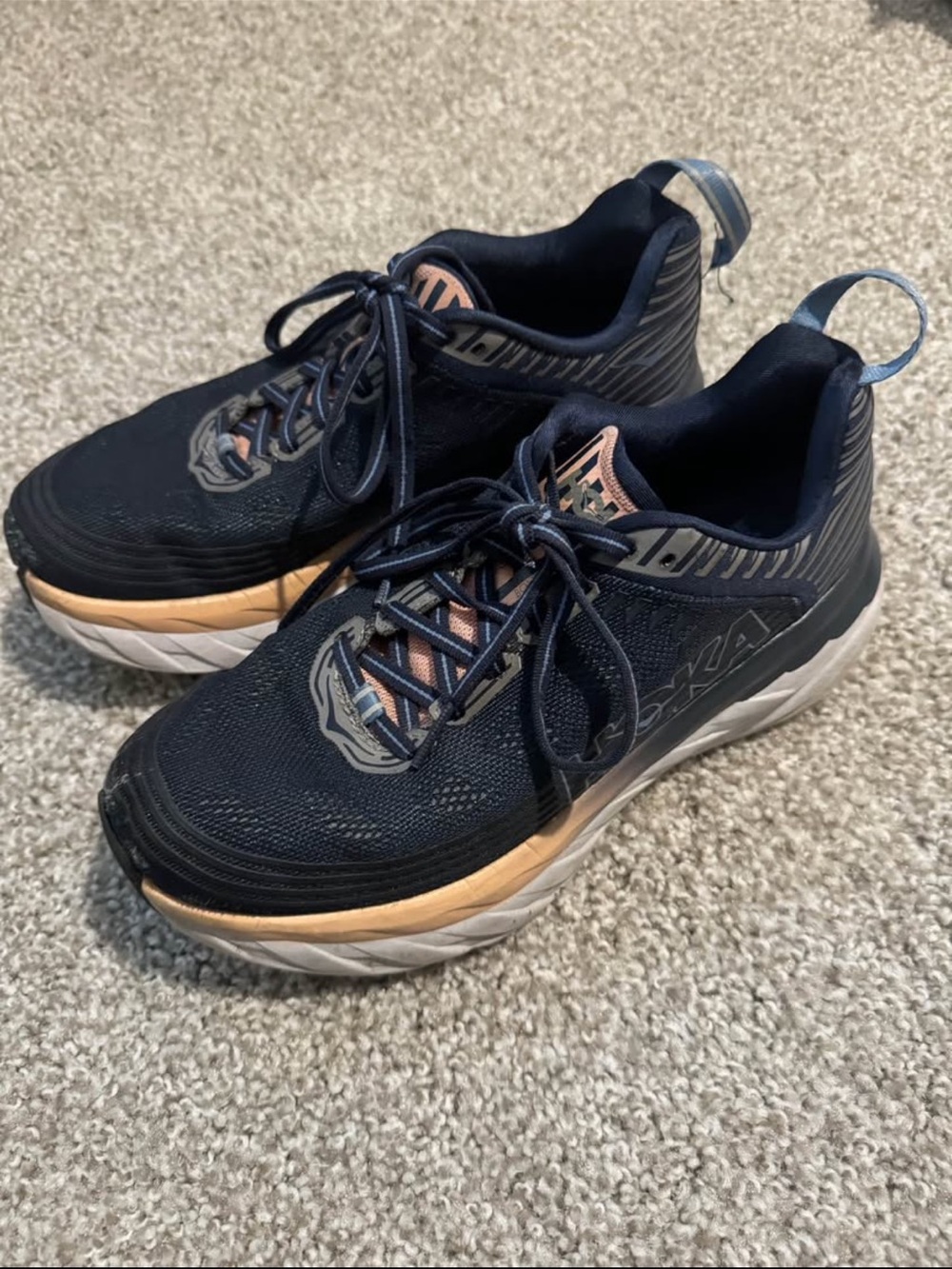 Hoka Bondi 6 Women’s Navy and Pink Athletic Running Shoes